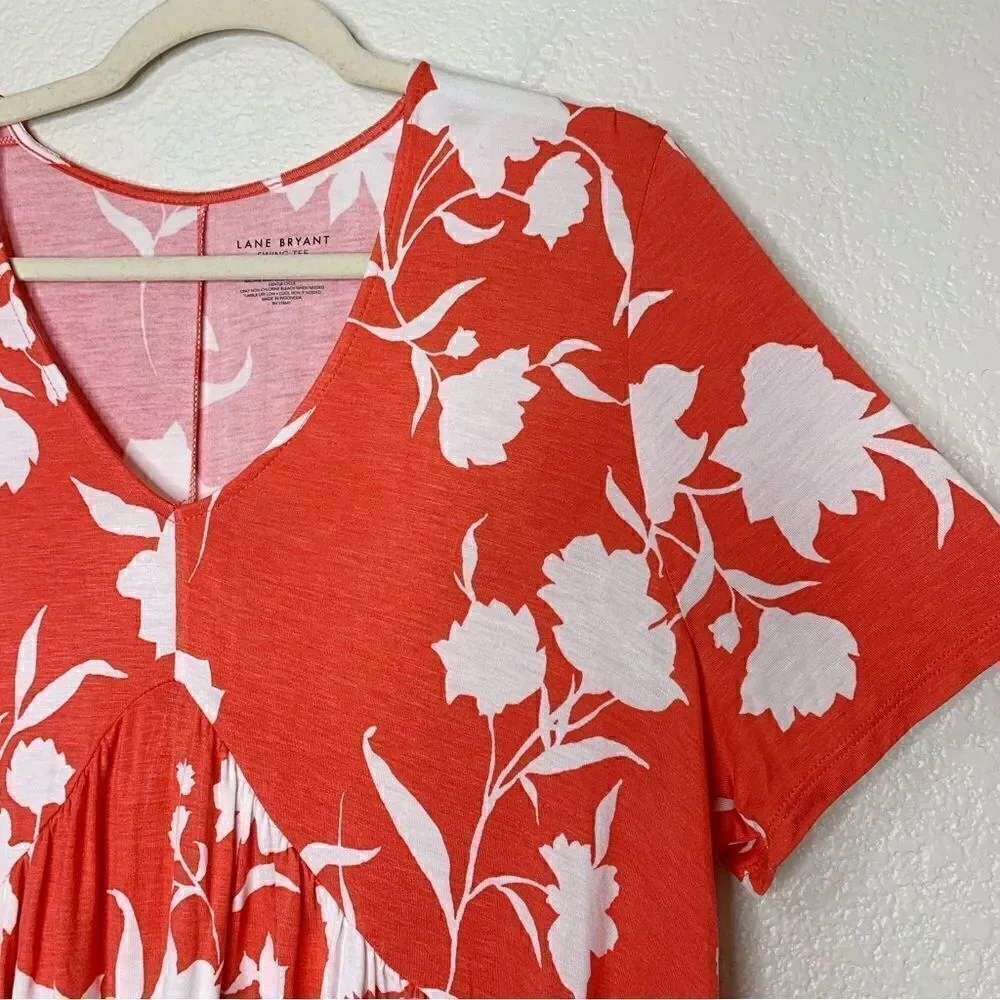 NWOT Lane Bryant Women’s Coral Floral Baby Doll Swing Tee, Size 14/16